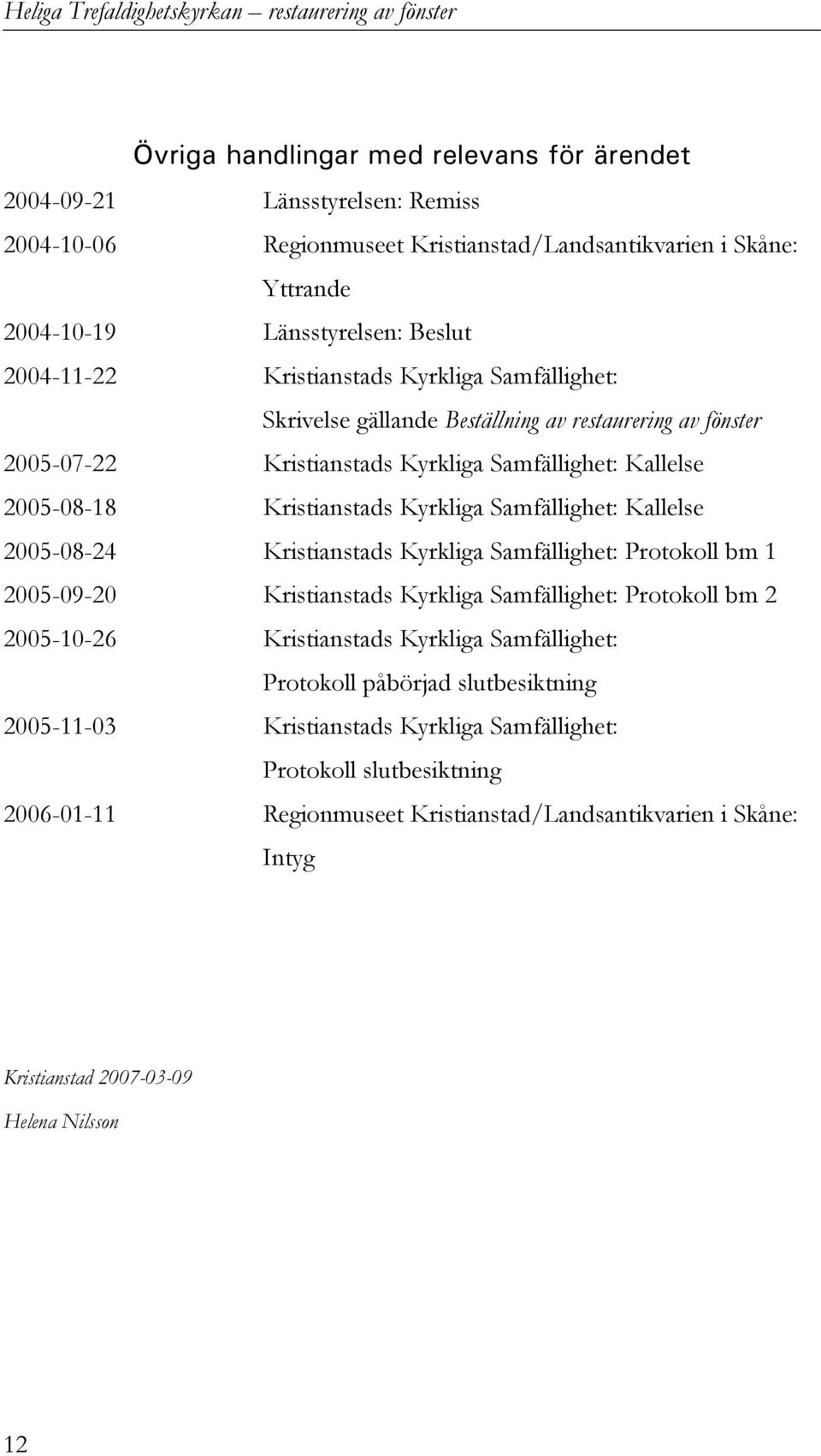 2005-08-18 Kristianstads Kyrkliga Samfällighet: Kallelse 2005-08-24 Kristianstads Kyrkliga Samfällighet: Protokoll bm 1 2005-09-20 Kristianstads Kyrkliga Samfällighet: Protokoll bm 2 2005-10-26