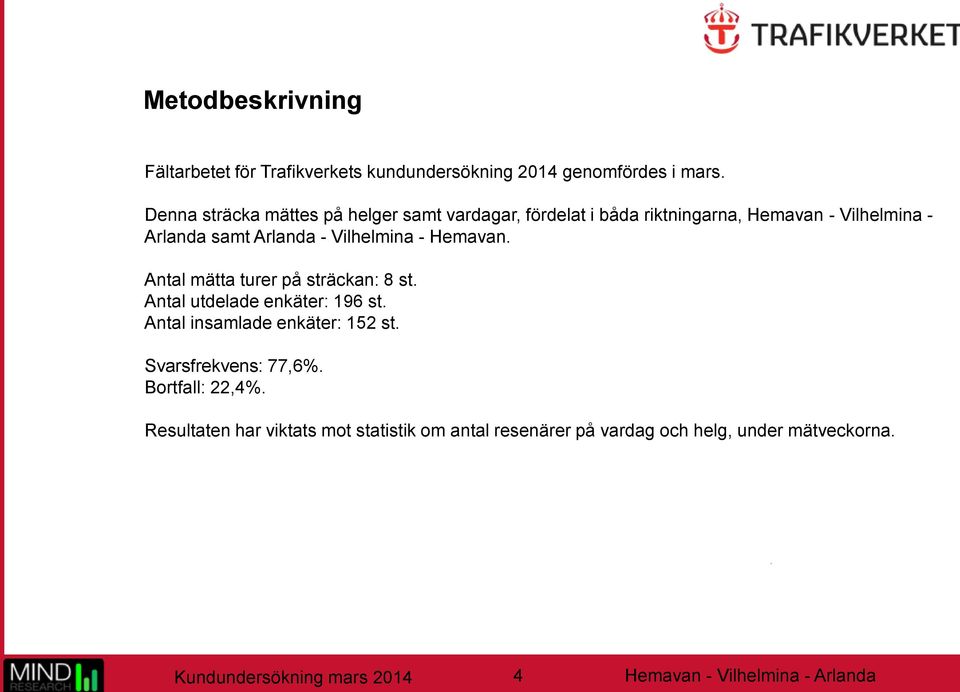 Vilhelmina - Hemavan. Antal mätta turer på sträckan: 8 st. Antal utdelade enkäter: 196 st. Antal insamlade enkäter: 152 st.