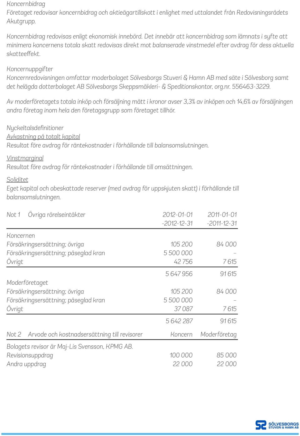 Koncernuppgifter Koncernredovisningen omfattar moderbolaget Sölvesborgs Stuveri & Hamn AB med säte i Sölvesborg samt det helägda dotterbolaget AB Sölvesborgs Skeppsmäkleri- & Speditionskontor, org.nr. 556463-3229.