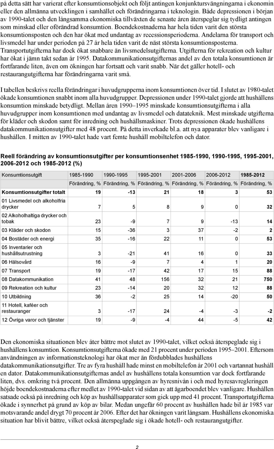 Boendekostnaderna har hela tiden varit den största konsumtionsposten och den har ökat med undantag av recessionsperioderna.