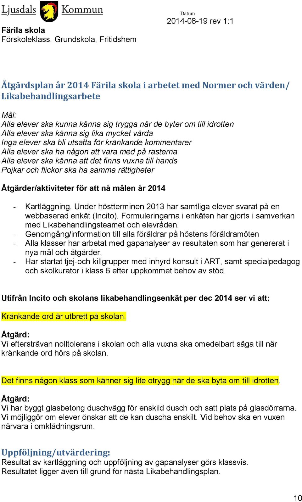 rättigheter Åtgärder/aktiviteter för att nå målen år 2014 - Kartläggning. Under höstterminen 2013 har samtliga elever svarat på en webbaserad enkät (Incito).