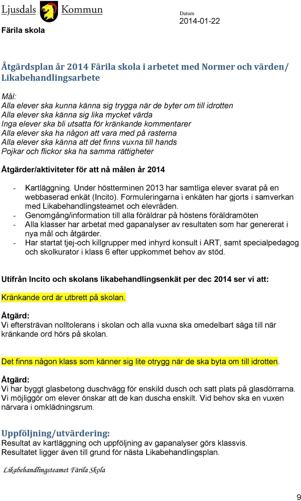 rättigheter Åtgärder/aktiviteter för att nå målen år 2014 - Kartläggning. Under höstterminen 2013 har samtliga elever svarat på en webbaserad enkät (Incito).
