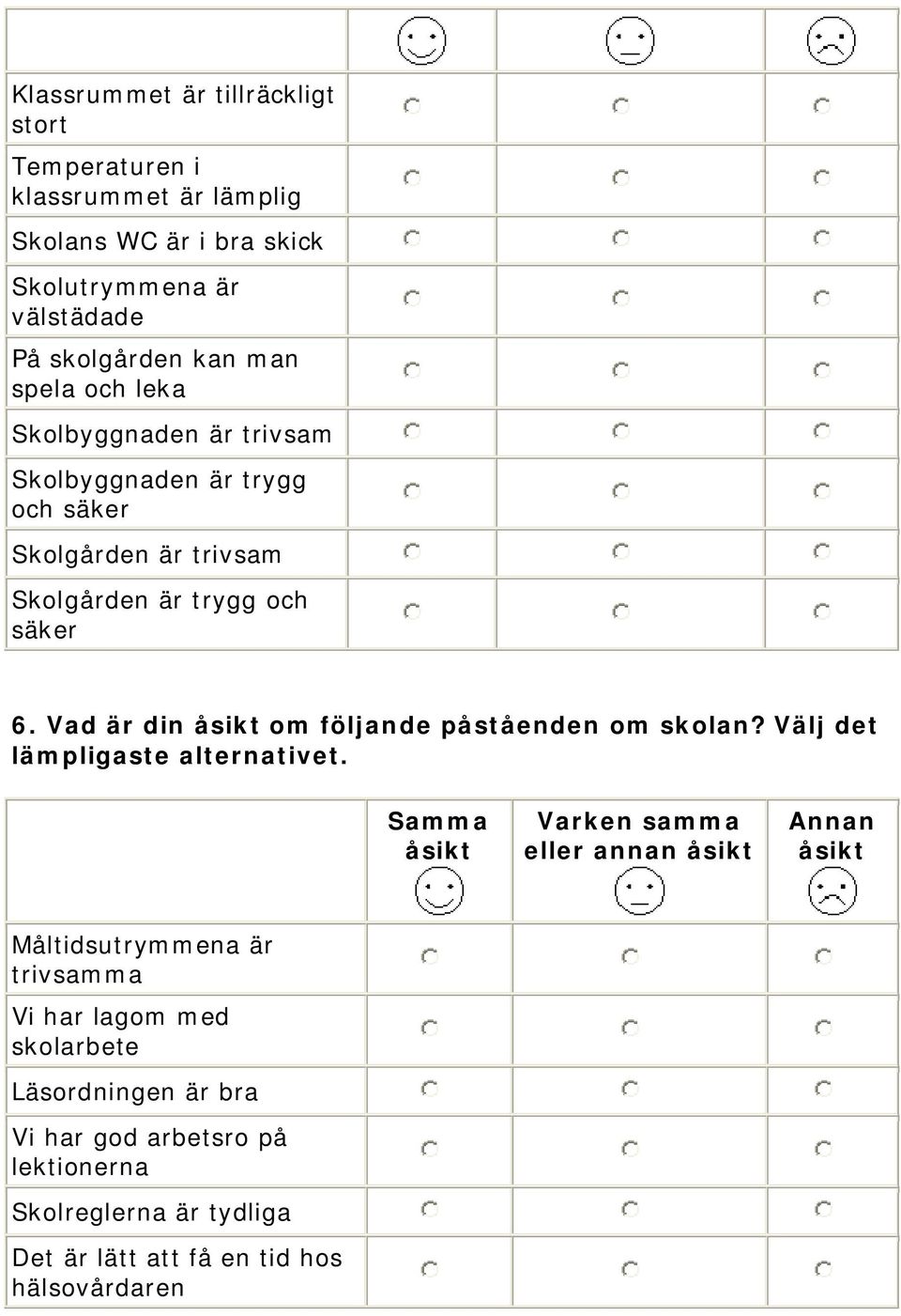 och säker 6. Vad är din om följande påståenden om skolan? Välj det lämpligaste alternativet.