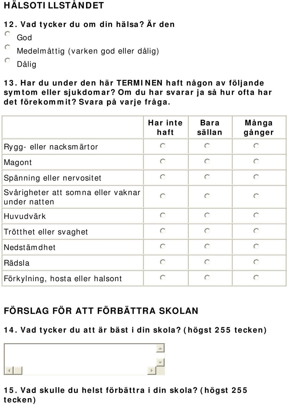 Rygg- eller nacksmärtor Magont Spänning eller nervositet Svårigheter att somna eller vaknar under natten Huvudvärk Trötthet eller svaghet Nedstämdhet Rädsla