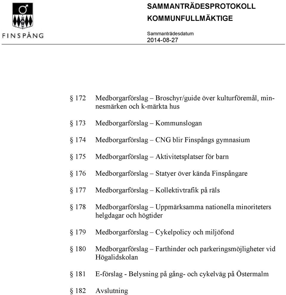 Kollektivtrafik på räls 178 Medborgarförslag Uppmärksamma nationella minoriteters helgdagar och högtider 179 Medborgarförslag Cykelpolicy och miljöfond