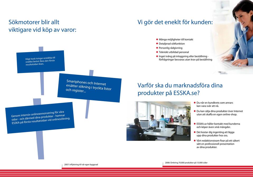 Smartphones och Internet ersätter sökning i tryckta listor och register... Varför ska du marknadsföra dina produkter på ESSKA.se? Du når en kundkrets som annars kan vara svår att nå.