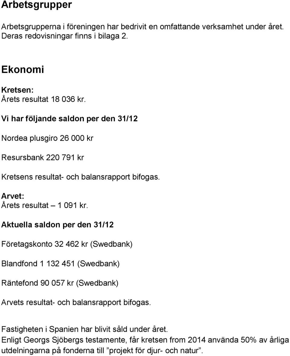 Aktuella saldon per den 31/12 Företagskonto 32 462 kr (Swedbank) Blandfond 1 132 451 (Swedbank) Räntefond 90 057 kr (Swedbank) Arvets resultat- och balansrapport bifogas.