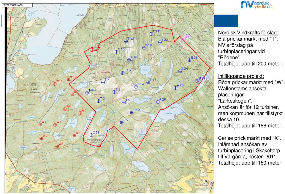 Wallenstams ansökta placeringar Lärkeskogen. Ansökan är för 12 turbiner, men kommunen har tillstyrkt dessa 10.