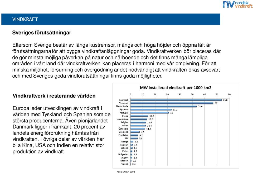 För att minska miljöhot, försurning och övergödning är det nödvändigt att vindkraften ökas avsevärt och med Sveriges goda vindförutsättningar finns goda möjligheter.