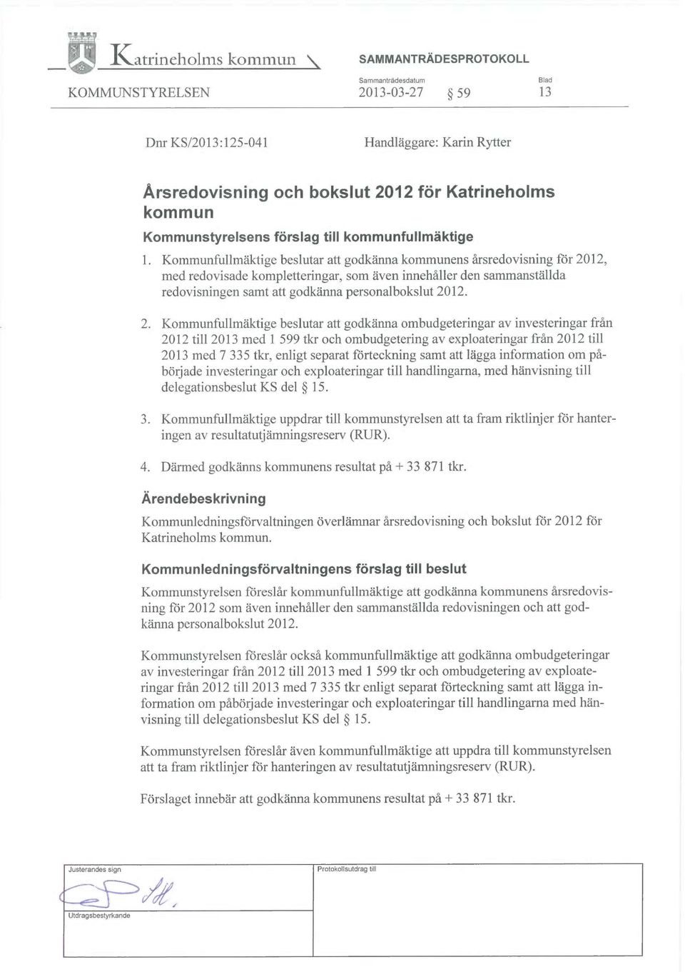 Kommunfullmäktige beslutar att godkänna kommunens årsredovisning för 2012, med redovisade kompletteringar, som även innehåller den sammanställda redovisningen samt att godkänna personalbokslut 2012.