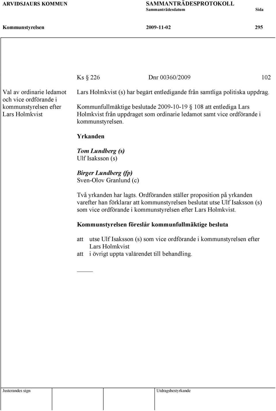 Kommunfullmäktige beslutade 2009-10-19 108 att entlediga Lars Holmkvist från uppdraget som ordinarie ledamot samt vice ordförande i kommunstyrelsen.