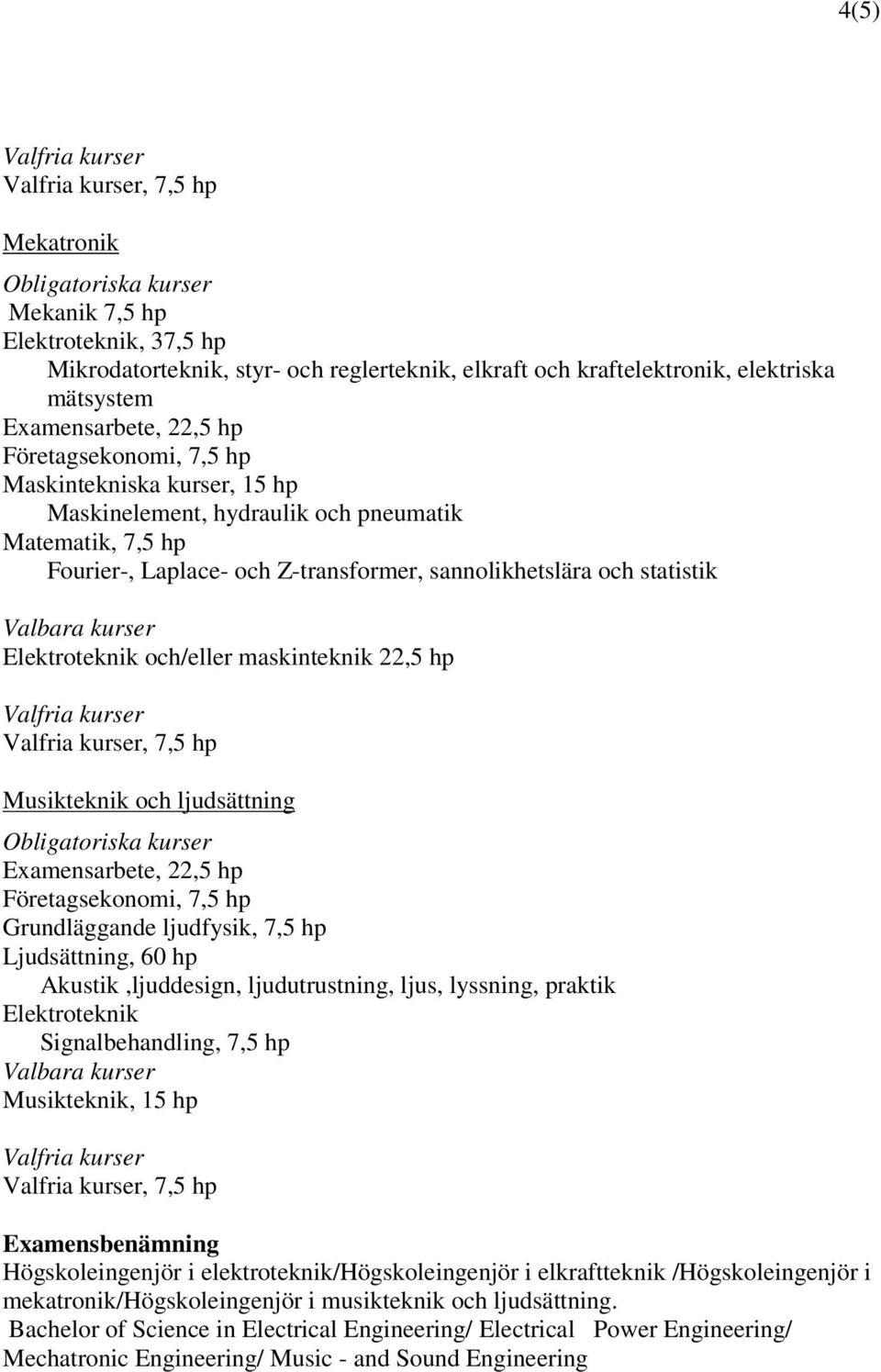 Grundläggande ljudfysik, 7,5 hp Ljudsättning, 60 hp Akustik,ljuddesign, ljudutrustning, ljus, lyssning, praktik Elektroteknik Signalbehandling, 7,5 hp Musikteknik, 15 hp, 7,5 hp Examensbenämning