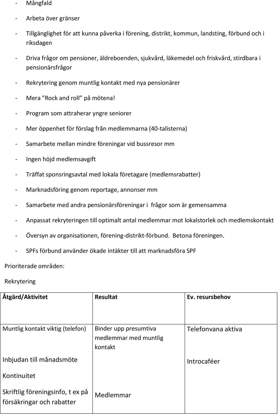 - Program som attraherar yngre seniorer - Mer öppenhet för förslag från medlemmarna (40-talisterna) - Samarbete mellan mindre föreningar vid bussresor mm - Ingen höjd medlemsavgift - Träffat