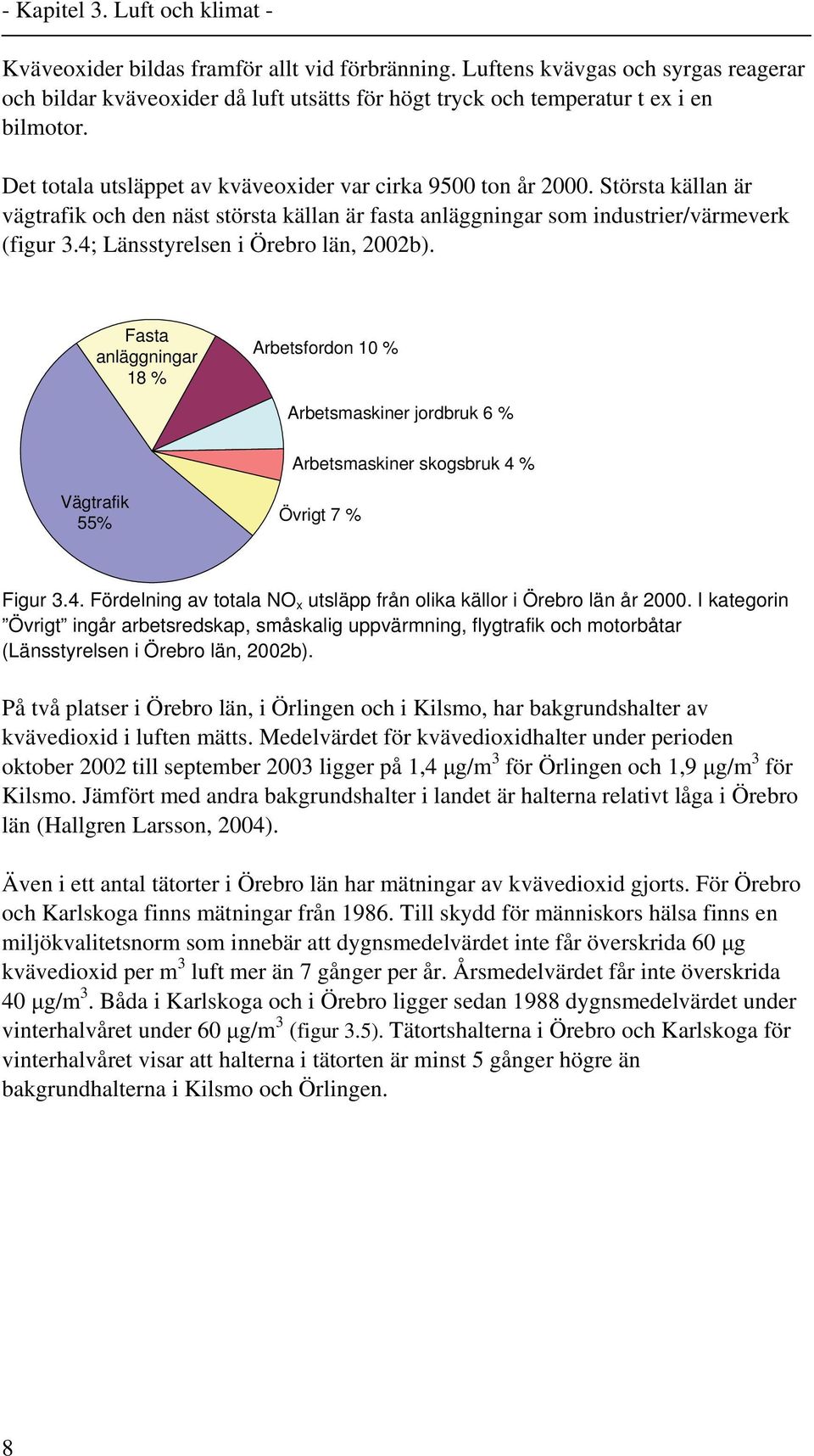 4; Länsstyrelsen i Örebro län, 2002b). Fasta anläggningar 18 % Arbetsfordon 10 % Arbetsmaskiner jordbruk 6 % Arbetsmaskiner skogsbruk 4 % Vägtrafik 55% Övrigt 7 % Figur 3.4. Fördelning av totala NO x utsläpp från olika källor i Örebro län år 2000.