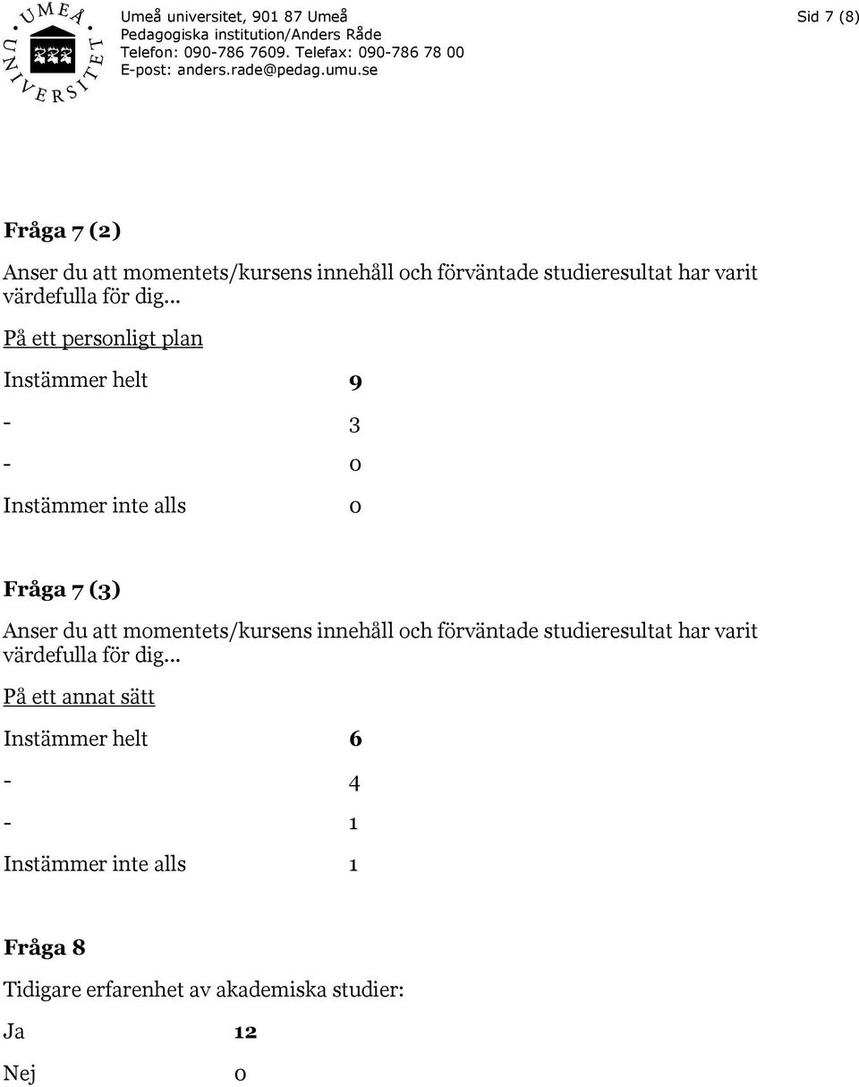 .. På ett personligt plan Instämmer helt 9-3 Fråga 7 (3) Anser du att momentets/kursens innehåll och