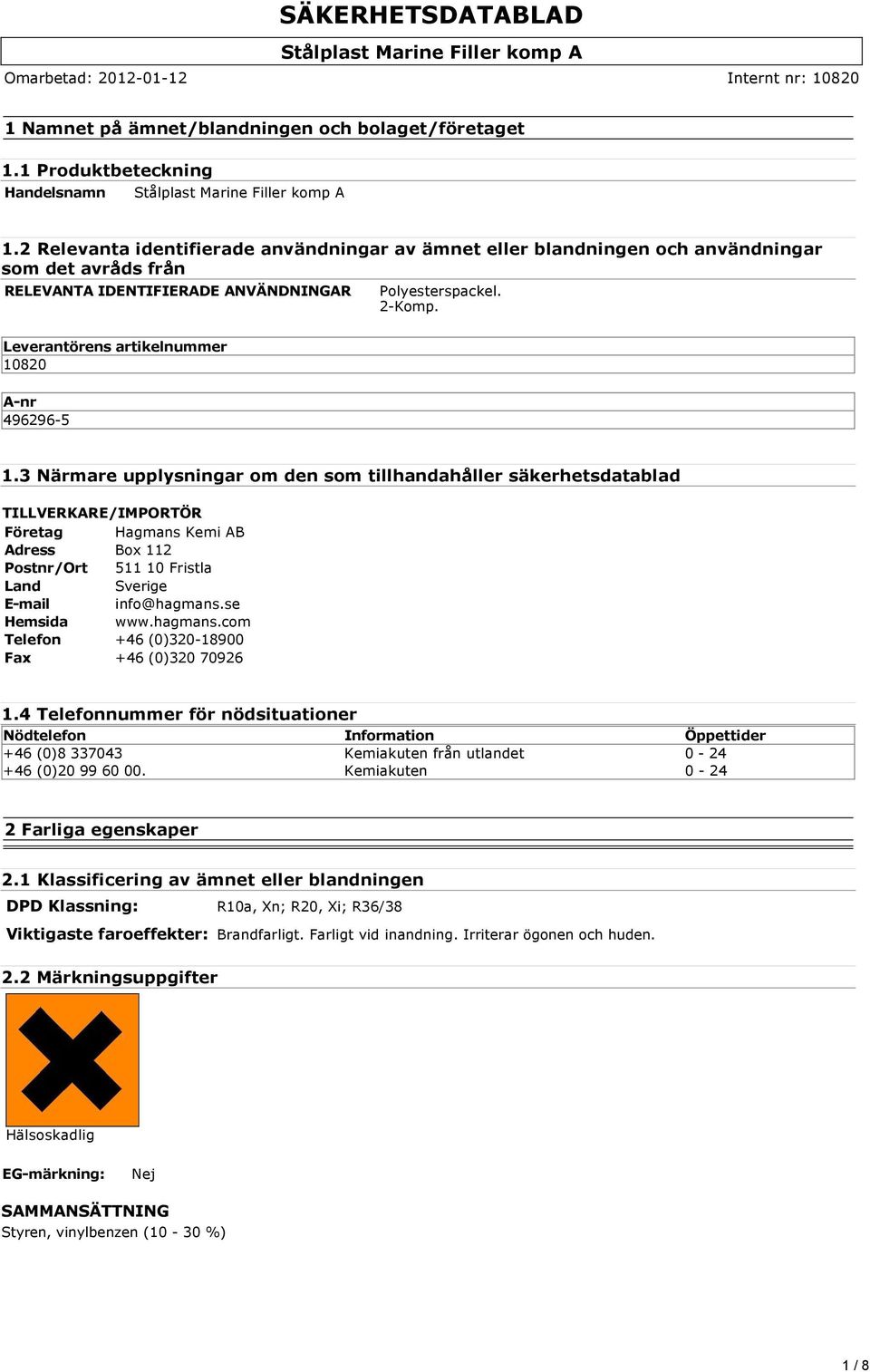 Leverantörens artikelnummer 10820 A-nr 496296-5 1.