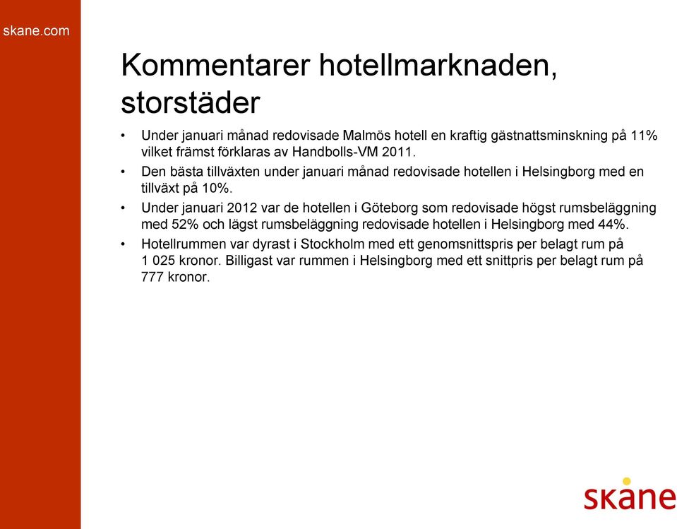 Under januari 2012 var de hotellen i Göteborg som redovisade högst rumsbeläggning med 52% och lägst rumsbeläggning redovisade hotellen i Helsingborg