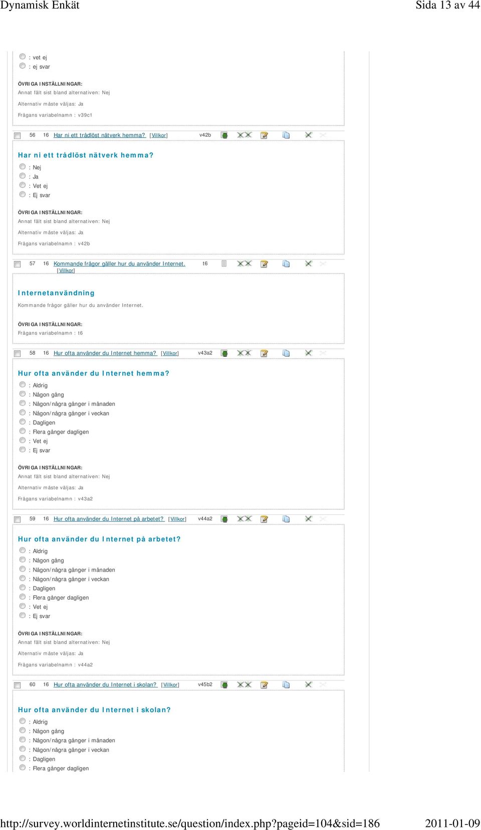 Frågans variabelnamn : t6 58 16 Hur ofta använder du Internet hemma? v43a2 Hur ofta använder du Internet hemma?
