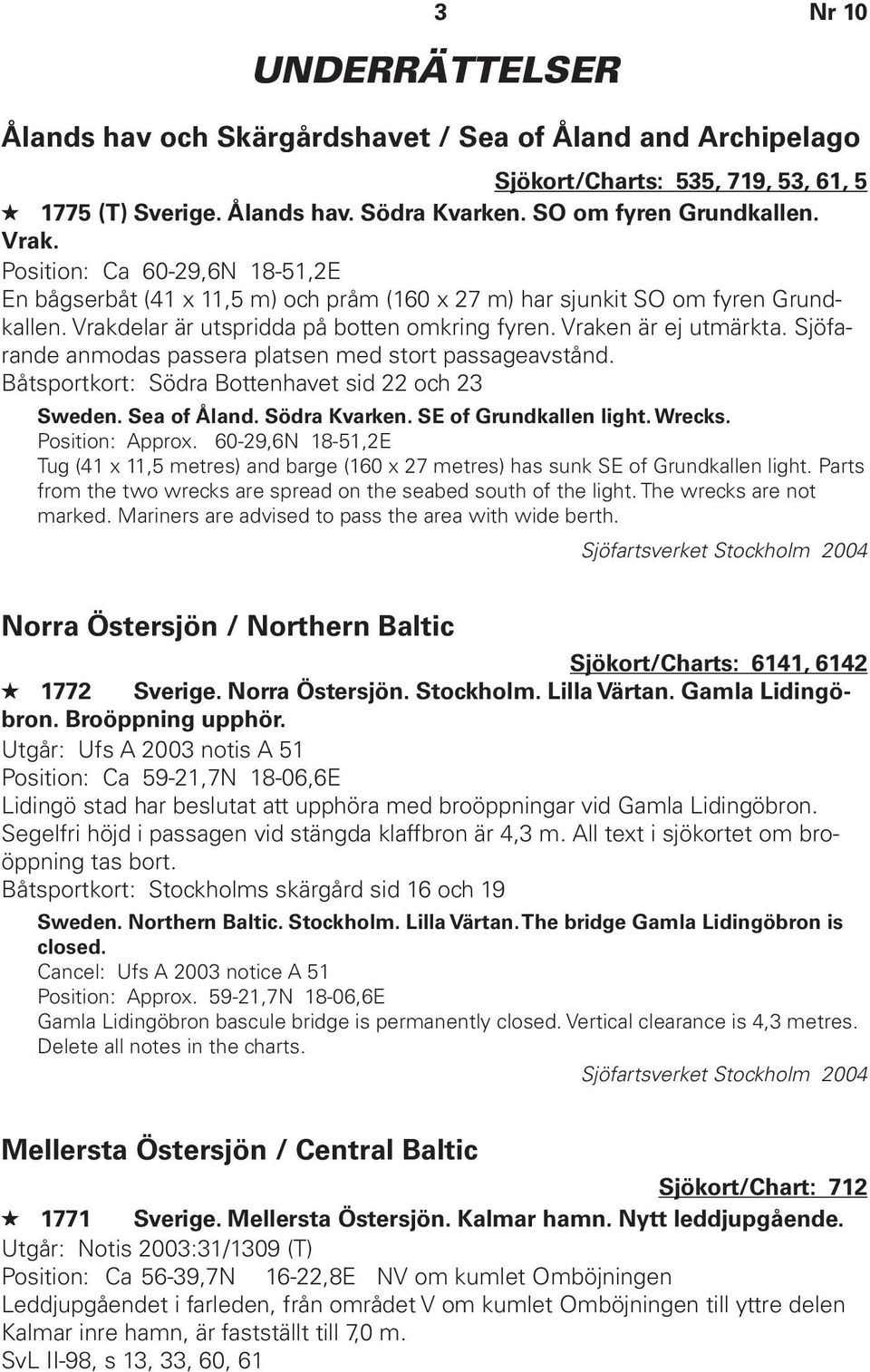 Sjöfarande anmodas passera platsen med stort passageavstånd. Båtsportkort: Södra Bottenhavet sid 22 och 23 Sweden. Sea of Åland. Södra Kvarken. SE of Grundkallen light. Wrecks. Position: Approx.