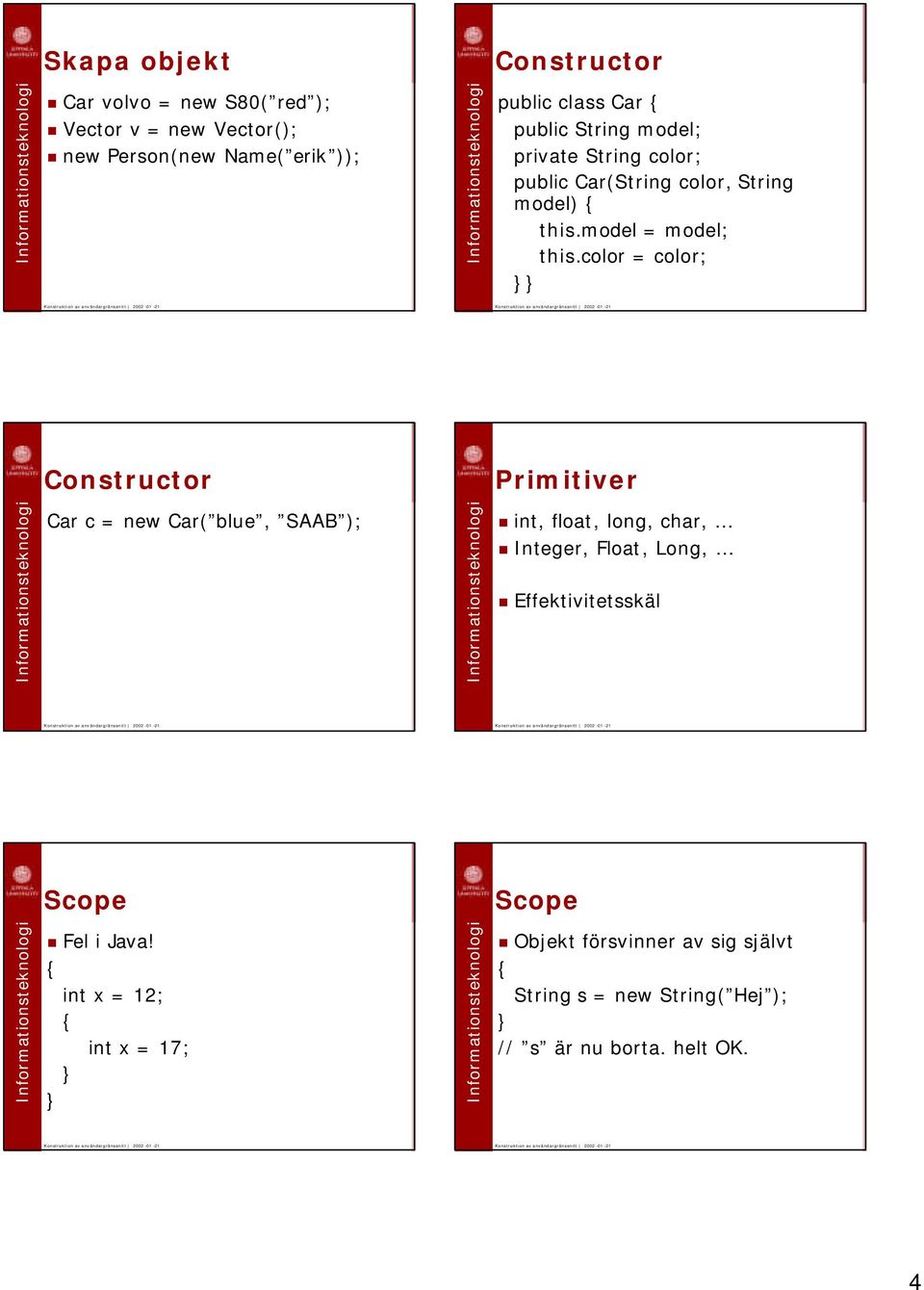 color = color; Constructor Primitiver Car c = new Car( blue, SAAB ); int, float, long, char, Integer, Float, Long,