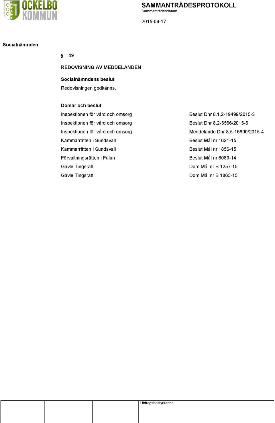 2-19499/2015-3 Inspektionen för vård och omsorg Beslut Dnr 8.