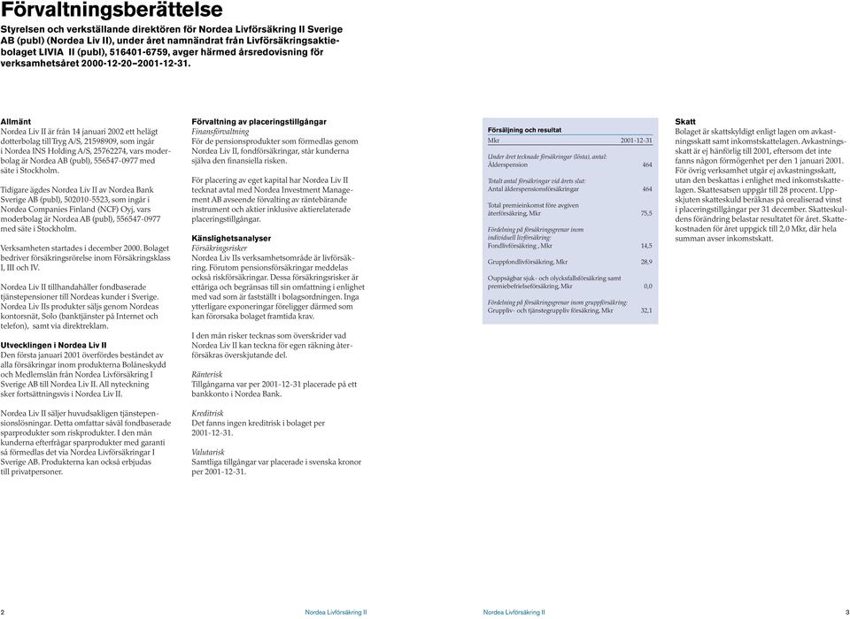 Allmänt Nordea Liv II är från 14 januari 2002 ett helägt dotterbolag till Tryg A/S,21598909,som ingår i Nordea INS Holding A/S,25762274,vars moderbolag är Nordea AB (publ),556547-0977 med säte i