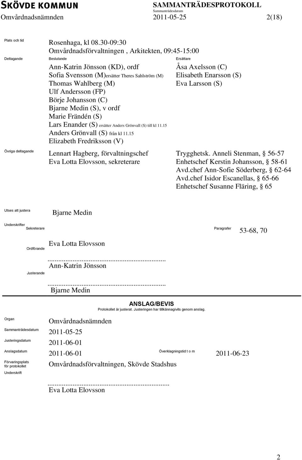 Ulf Andersson (FP) Börje Johansson (C) Bjarne Medin (S), v ordf Marie Frändén (S) Lars Enander (S) ersätter Anders Grönvall (S) till kl 11.15 Anders Grönvall (S) från kl 11.