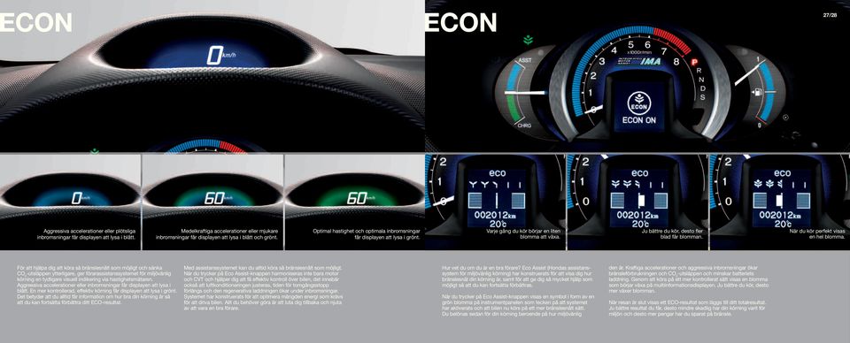 Aggressiva accelerationer eller inbromsningar får displayen att lysa i blått. En mer kontrollerad, effektiv körning får displayen att lysa i grönt.