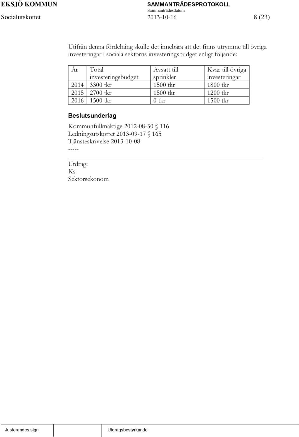 Kvar till övriga investeringar 2014 3300 tkr 1500 tkr 1800 tkr 2015 2700 tkr 1500 tkr 1200 tkr 2016 1500 tkr 0 tkr 1500