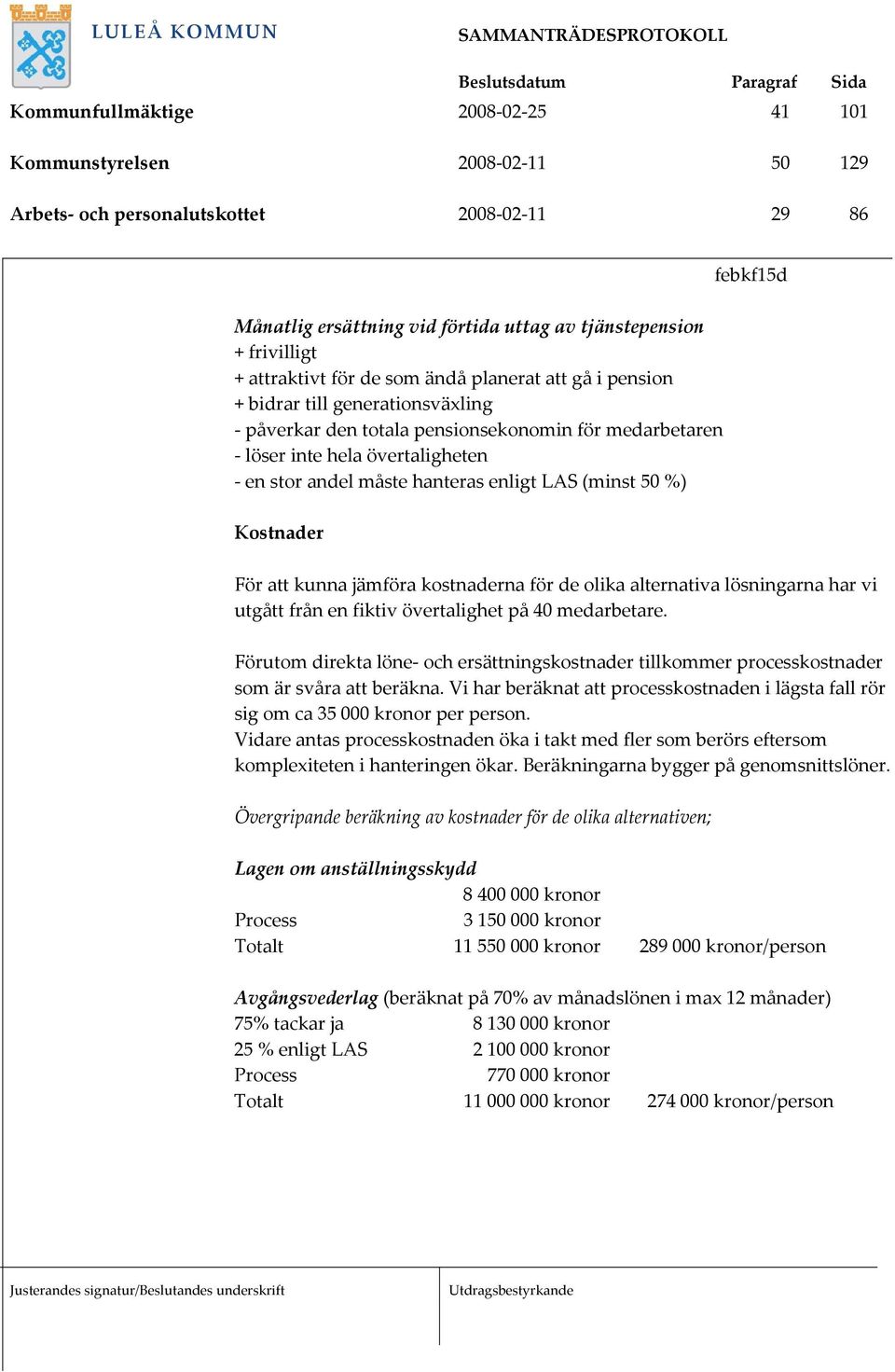 enligt LAS (minst 50 %) Kostnader febkf15d För att kunna jämföra kostnaderna för de olika alternativa lösningarna har vi utgått från en fiktiv övertalighet på 40 medarbetare.