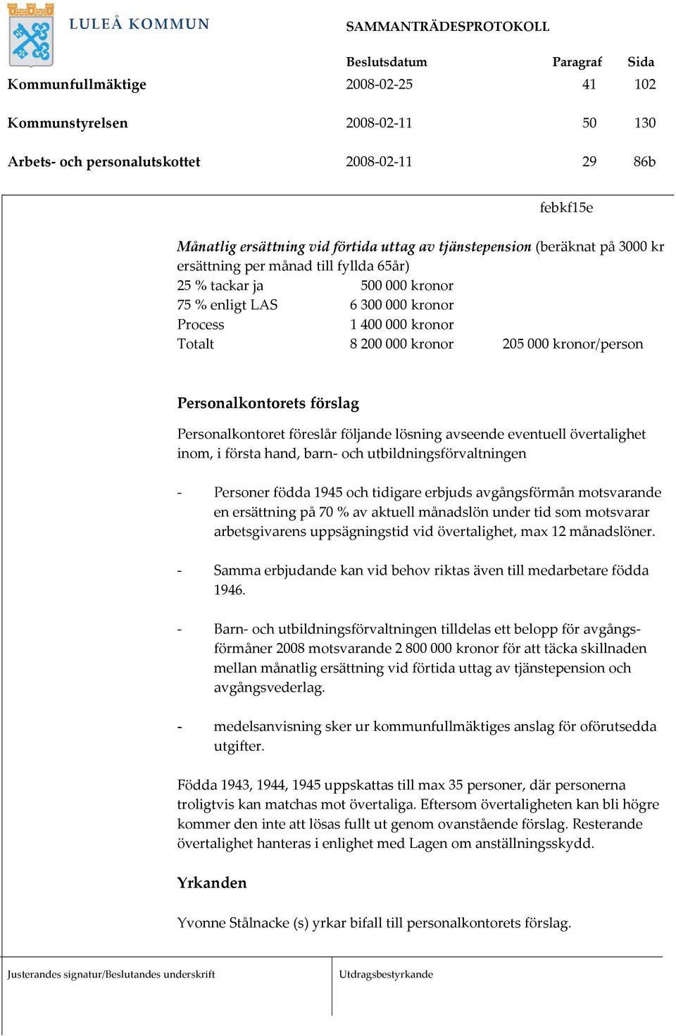 förslag Personalkontoret föreslår följande lösning avseende eventuell övertalighet inom, i första hand, barn- och utbildningsförvaltningen - Personer födda 1945 och tidigare erbjuds avgångsförmån