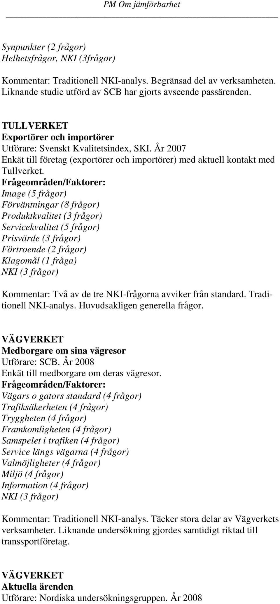 Image (5 frågor) Förväntningar (8 frågor) Produktkvalitet (3 frågor) Servicekvalitet (5 frågor) Prisvärde (3 frågor) Förtroende (2 frågor) Klagomål (1 fråga) NKI (3 frågor) Kommentar: Två av de tre