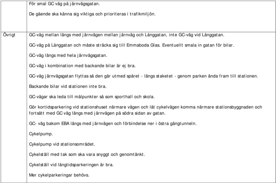 GC-väg järnvägsgatan flyttas så den går utmed spåret - längs staketet - genom parken ända fram till stationen. Backande bilar vid stationen inte bra.