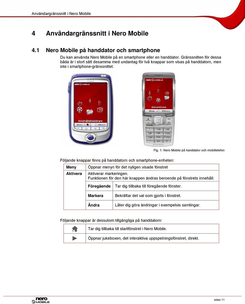 1: Nero Mobile på handdator och mobiltelefon Följande knappar finns på handdatorn och smartphone-enheten: Meny Aktivera Öppnar menyn för det nyligen visade fönstret Aktiverar markeringen.