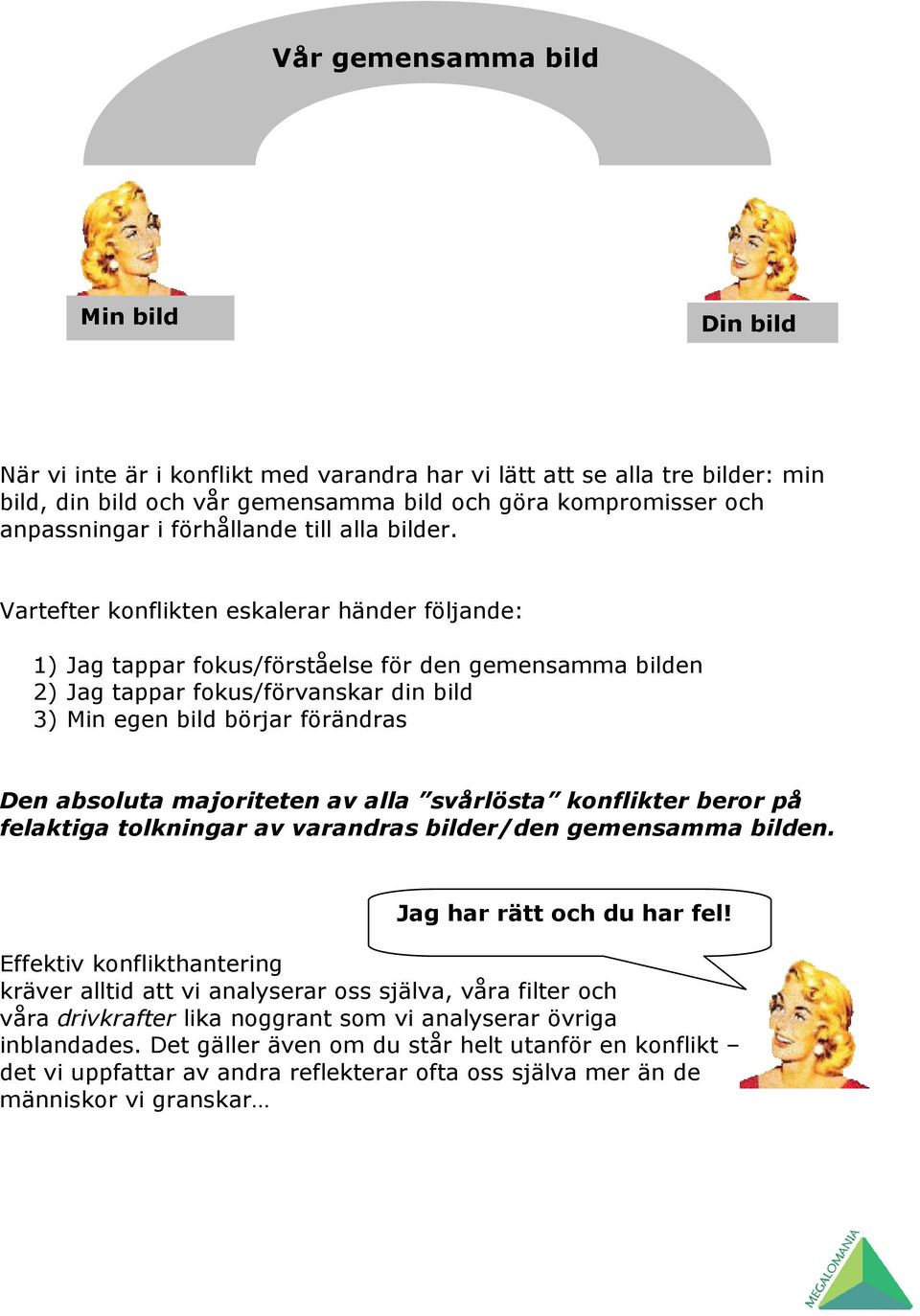 Vartefter konflikten eskalerar händer följande: 1) Jag tappar fokus/förståelse för den gemensamma bilden 2) Jag tappar fokus/förvanskar din bild 3) Min egen bild börjar förändras Den absoluta