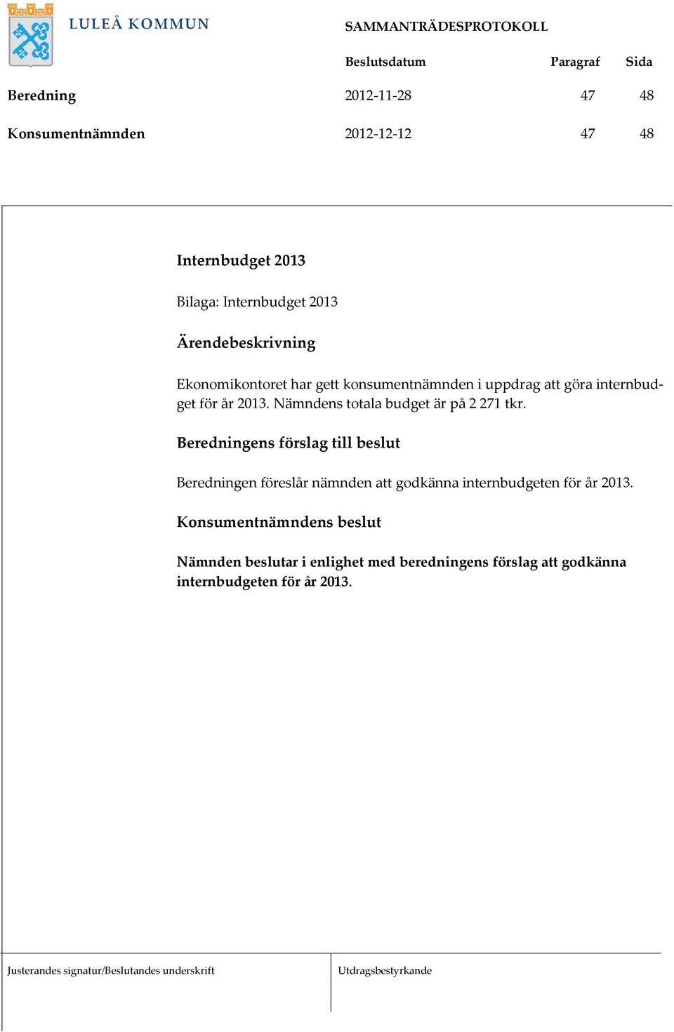 Nämndens totala budget är på 2 271 tkr.