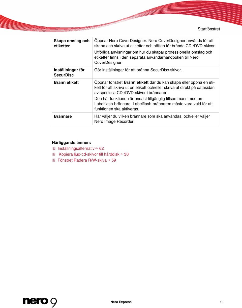 Utförliga anvisningar om hur du skapar professionella omslag och etiketter finns i den separata användarhandboken till Nero CoverDesigner. Gör inställningar för att bränna SecurDisc-skivor.