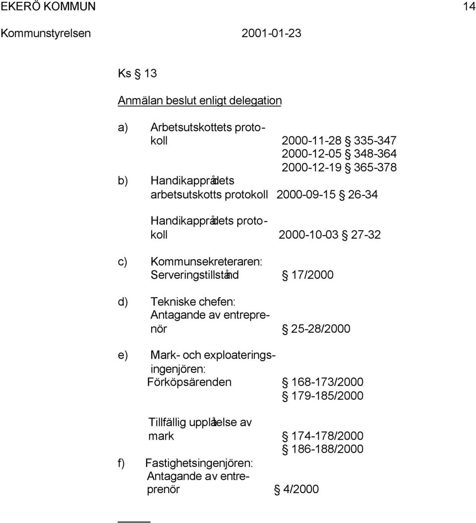 Serveringstillstånd 17/2000 d) Tekniske chefen: Antagande av entreprenör 25-28/2000 e) Mark- och exploateringsingenjören: