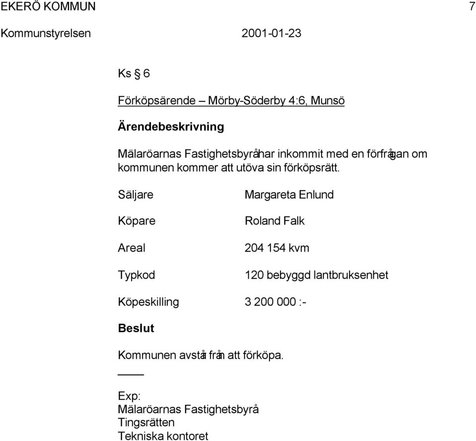 Säljare Köpare Areal Typkod Margareta Enlund Roland Falk 204 154 kvm 120 bebyggd