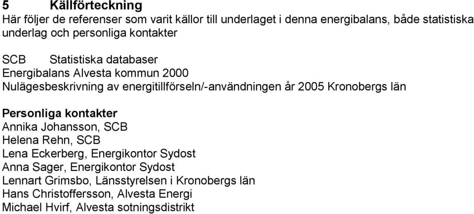 år 2005 Kronobergs län Personliga kontakter Annika Johansson, SCB Helena Rehn, SCB Lena Eckerberg, Energikontor Sydost Anna Sager,