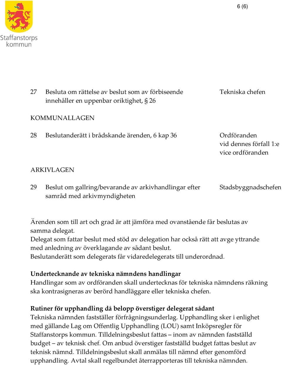 ovanstående får beslutas av samma delegat. Delegat som fattar beslut med stöd av delegation har också rätt att avge yttrande med anledning av överklagande av sådant beslut.