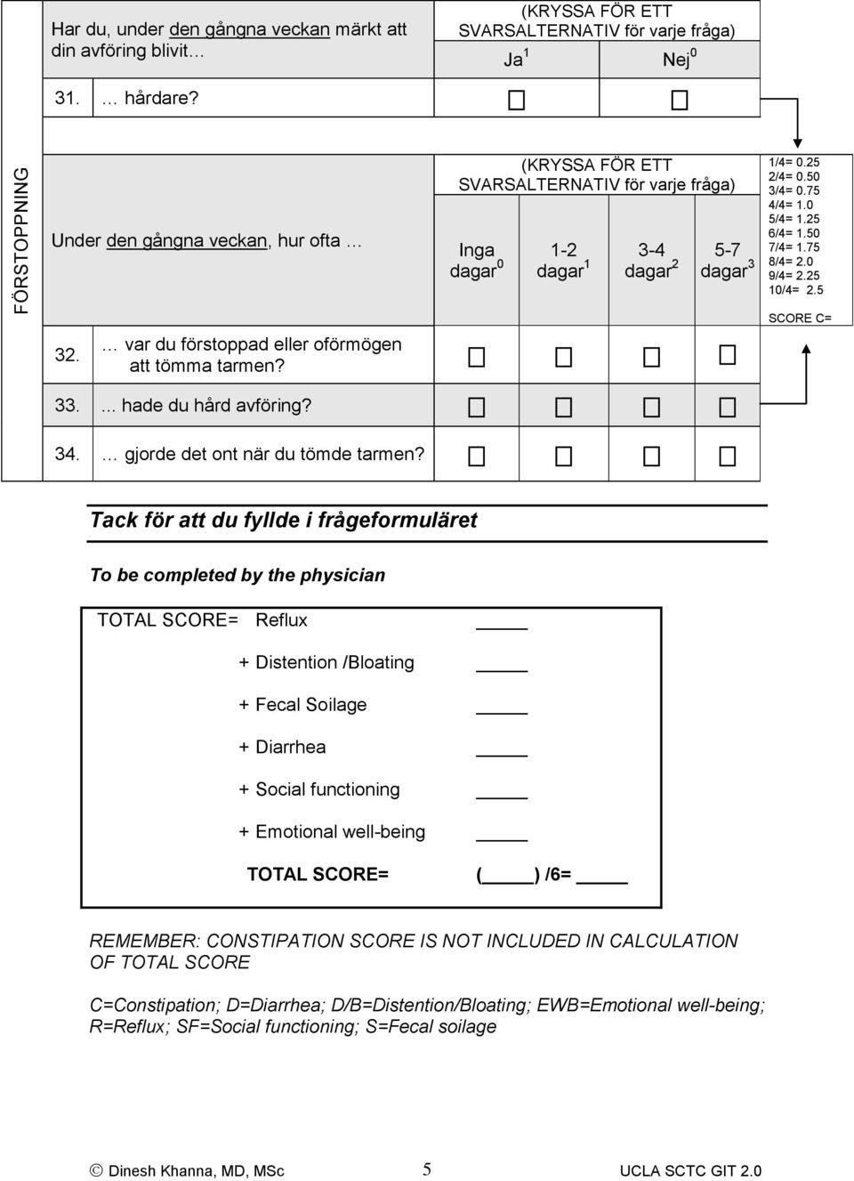 Tack för att du fyllde i frågeformuläret To be completed by the physician TOTAL SCORE= Reflux + Distention /Bloating + Fecal Soilage + Diarrhea + Social functioning + Emotional well-being