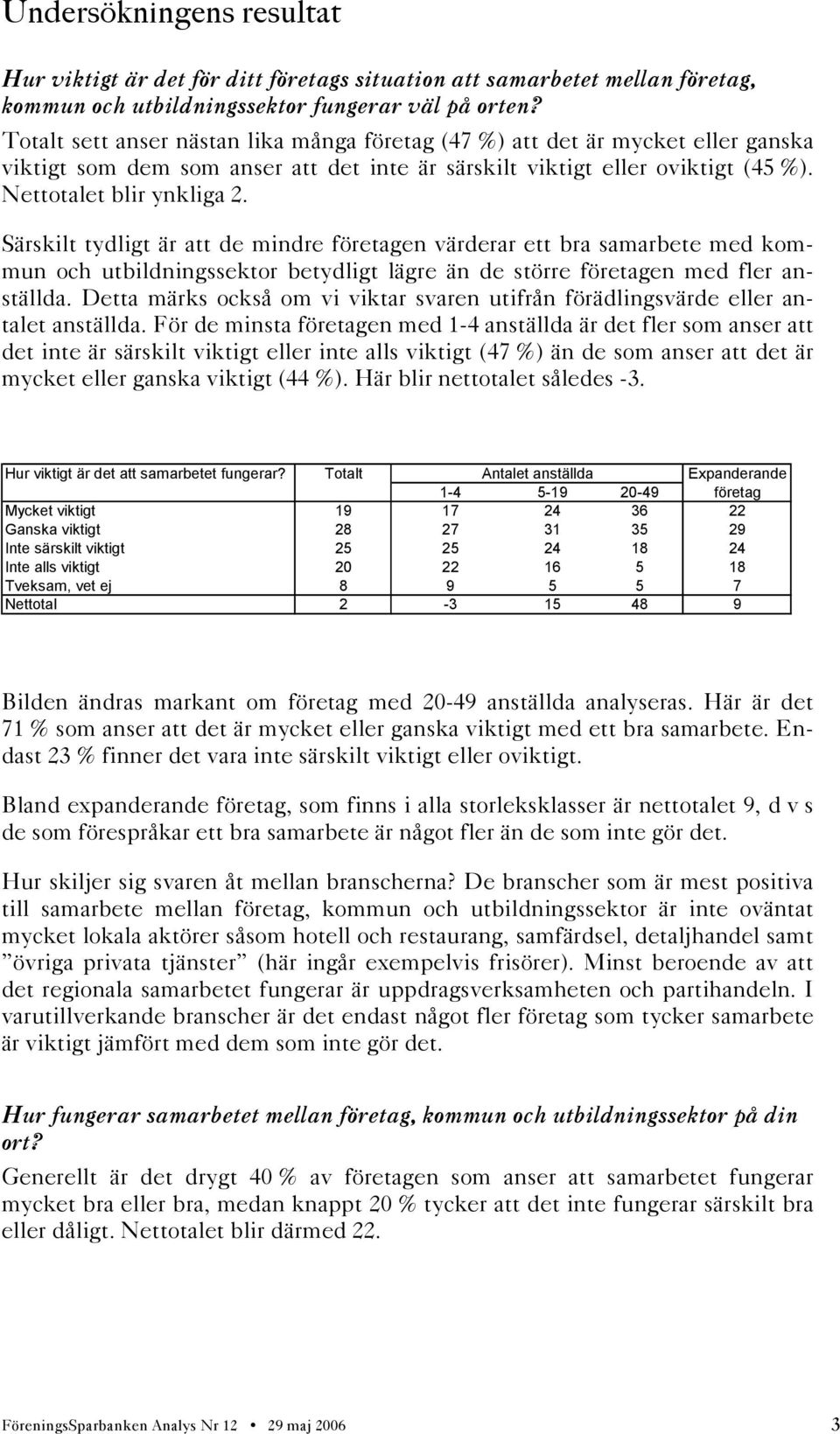 Särskilt tydligt är att de mindre företagen värderar ett bra samarbete med kommun och utbildningssektor betydligt lägre än de större företagen med fler anställda.