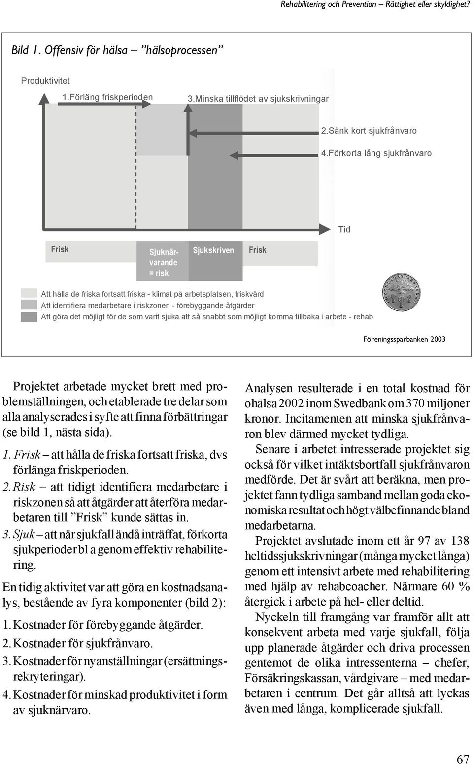 förebyggande åtgärder Att göra det möjligt för de som varit sjuka att så snabbt som möjligt komma tillbaka i arbete - rehab Föreningssparbanken 2003 Projektet arbetade mycket brett med