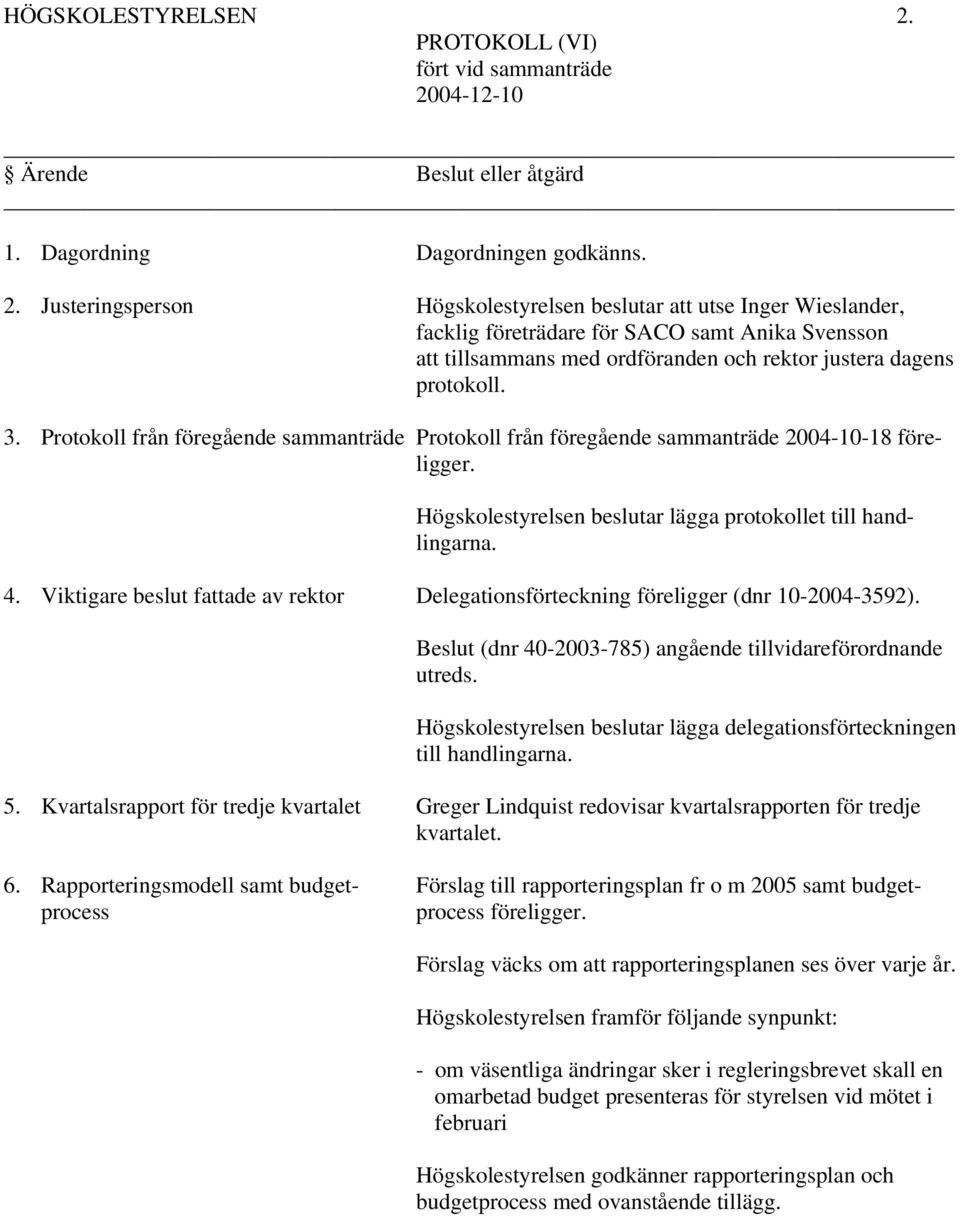 Justeringsperson Högskolestyrelsen beslutar att utse Inger Wieslander, facklig företrädare för SACO samt Anika Svensson att tillsammans med ordföranden och rektor justera dagens protokoll. 3.