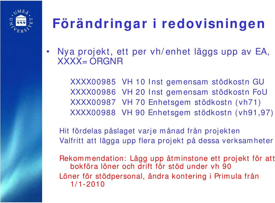 Hit fördelas påslaget varje månad från projekten Valfritt att lägga upp flera projekt på dessa verksamheter Rekommendation: Lägg upp