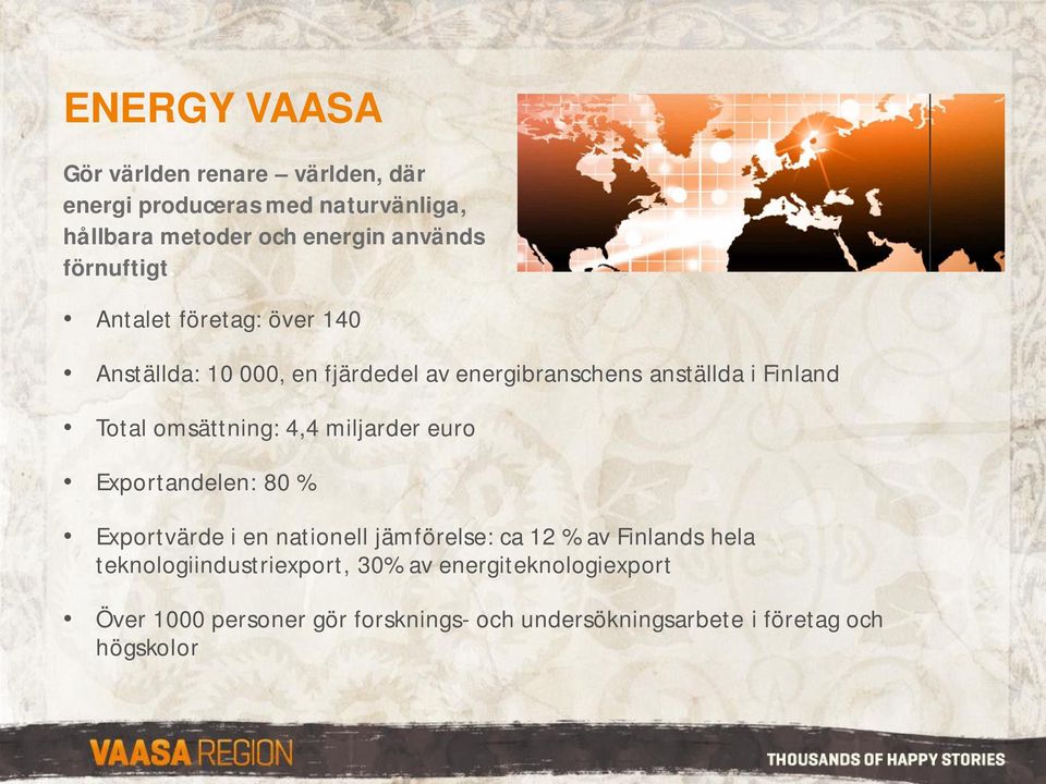 Antalet företag: över 140 Anställda: 10 000, en fjärdedel av energibranschens anställda i Finland Total omsättning: 4,4