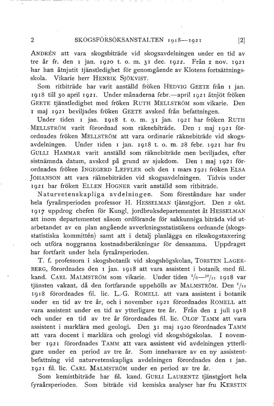 Under månaderna febr.-apri I921 åtnjöt fröken GEETE tjänstedighet med fröken RUTH MELLSTRÖM som vikarie. Den 1 maj 1921 bevijades fröken GEETE avsked från befattningen. Under tiden I jan. I9 I 8 t. o.