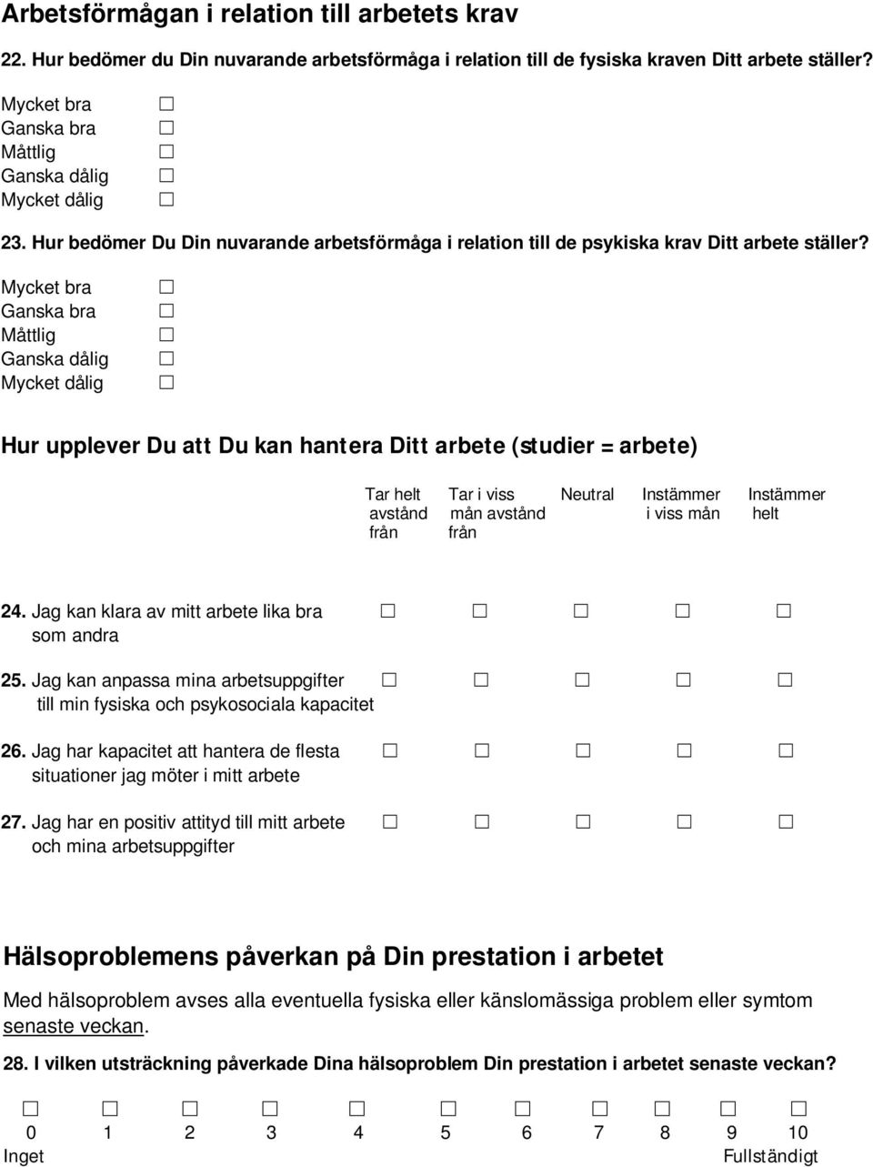 Mycket bra Ganska bra Måttlig Ganska dålig Mycket dålig Hur upplever Du att Du kan hantera Ditt arbete (studier = arbete) Tar helt Tar i viss Neutral Instämmer Instämmer avstånd mån avstånd i viss