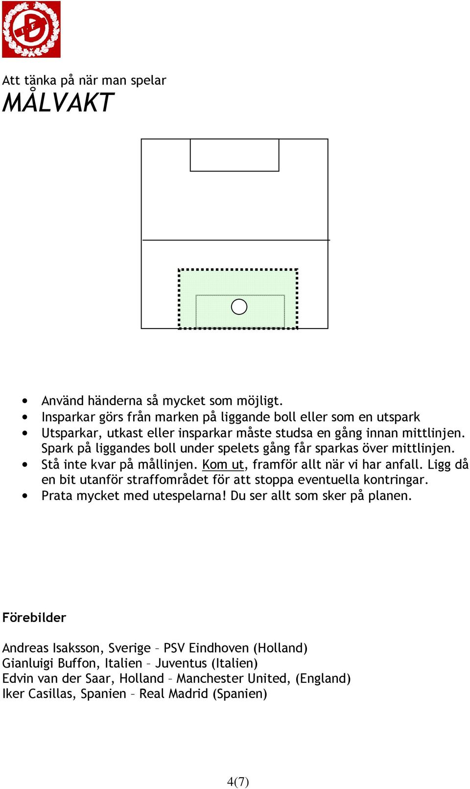 Spark på liggandes boll under spelets gång får sparkas över mittlinjen. Stå inte kvar på mållinjen. Kom ut, framför allt när vi har anfall.